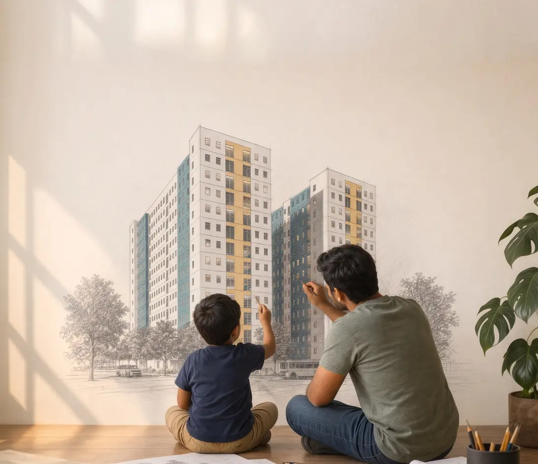 Ilustración de una familia imaginando su hogar en ElevaOnce